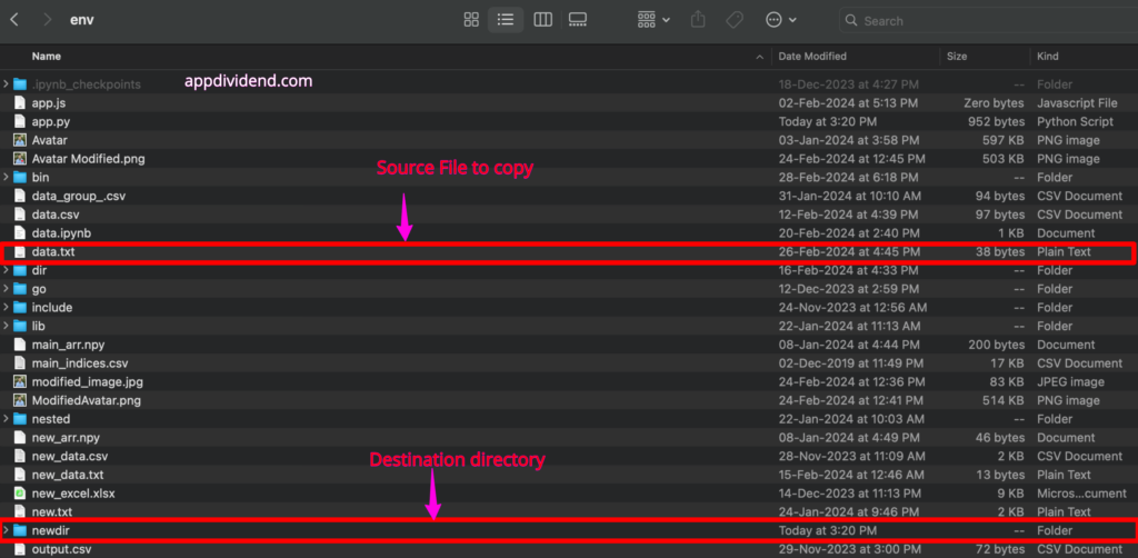 Screenshot of source file named data.txt and destination directory
