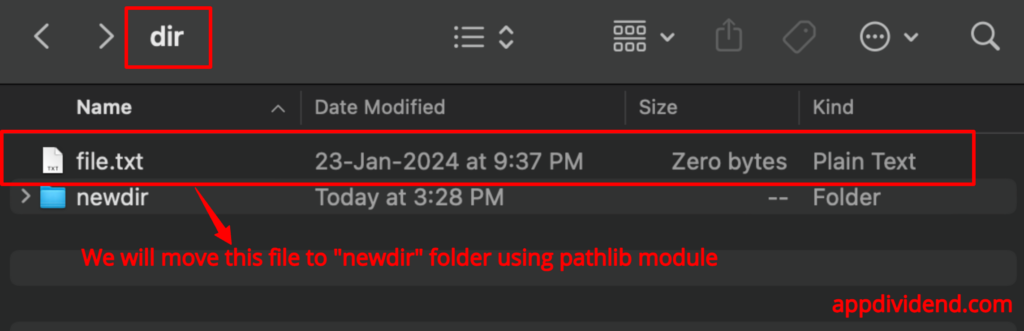 Screenshot of source file file.txt inside the dir folder