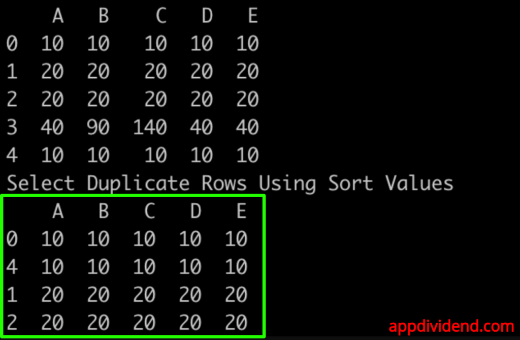 Output of selecting duplicate rows using sort values
