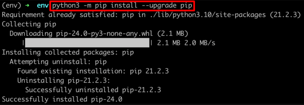 Screenshot of upgrading pip in Python