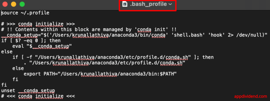 Screenshot of .bash_profile file - open -e ~:.bash_profile