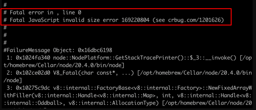 Screenshot of getting Fatal JavaScript invalid size error
