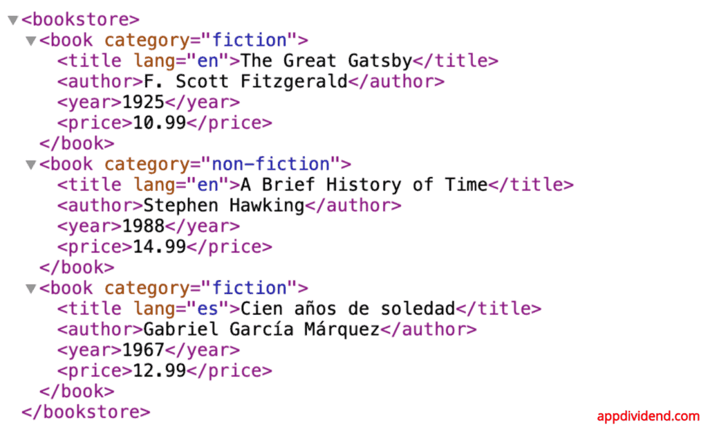 Screenshot of books.xml file