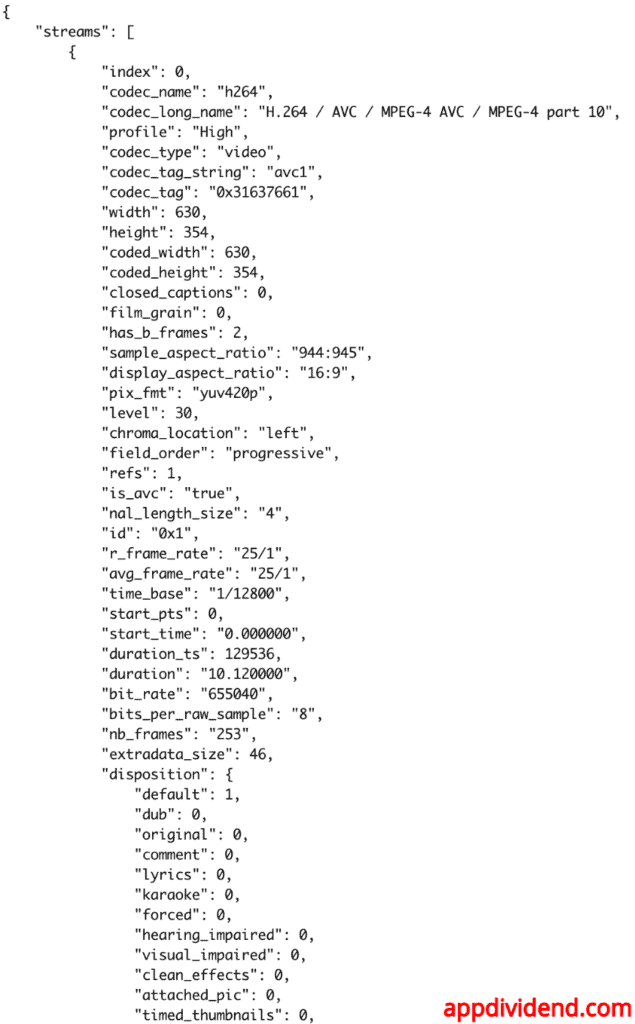 Output of getting json metadata from video using ffmpeg-python